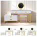 GO Modern Style Vanity Table With Movable Side Cabinet And 4-Drawers, Large Size Dressing Table With Mirror and 3-colors LED Light, Makeup Table With Stool, White, Golden Legs