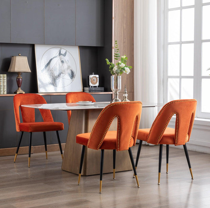 A&A Furniture,Akoya Collection Modern | Contemporary Velvet Upholstered Dining Chair with Nailheads and Gold Tipped Black Metal Legs, Orange，Set of 2