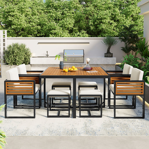 GO 9-Pieces Acacia Wood Patio Dining Set, Space Saving Outdoor Patio Set, 4 Cushioned Chairs & 4 Ottomans & 1 Square Table, for Backyard, Garden, Deck and Poolside, Beige - DTYStore