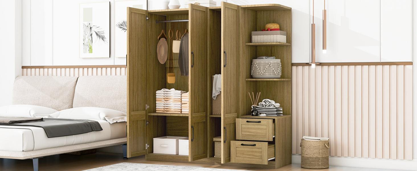 3 Door Wooden Storage Wardrobe for Dedroom with Shelves and 2 Drawers, Side Storage Shelves,Nature - DTYStore
