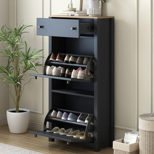 Functional Entryway Organizer with 2 Flip Drawers, Wood Grain Pattern Top Shoe Cabinet with Drawer, Free Standing Shoe Rack with Adjustable Panel for Hallway, Black - DTYStore