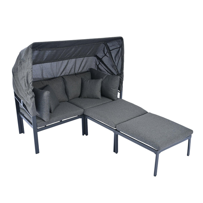 3-Piece Patio Daybed with Retractable Canopy Outdoor Metal Sectional Sofa Set Sun Lounger with Cushions for Backyard, Porch, Poolside