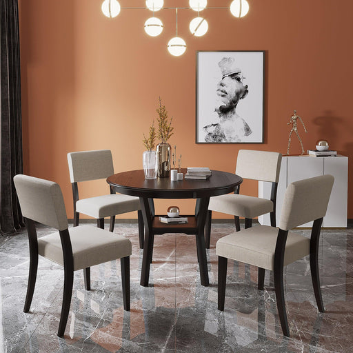 5-Piece Kitchen Dining Table Set Round Table with Bottom Shelf, 4 Upholstered Chairs for Dining Room(Espresso) - DTYStore