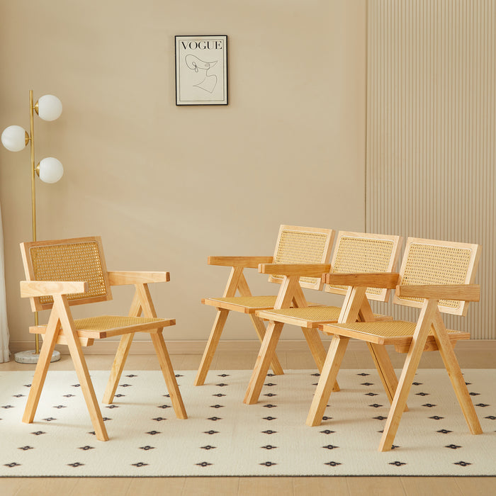 2 dining chairs, natural color, rubber wood rattan weaving technology, armrest solid wood dining chair, living room chair, simple and natural - DTYStore