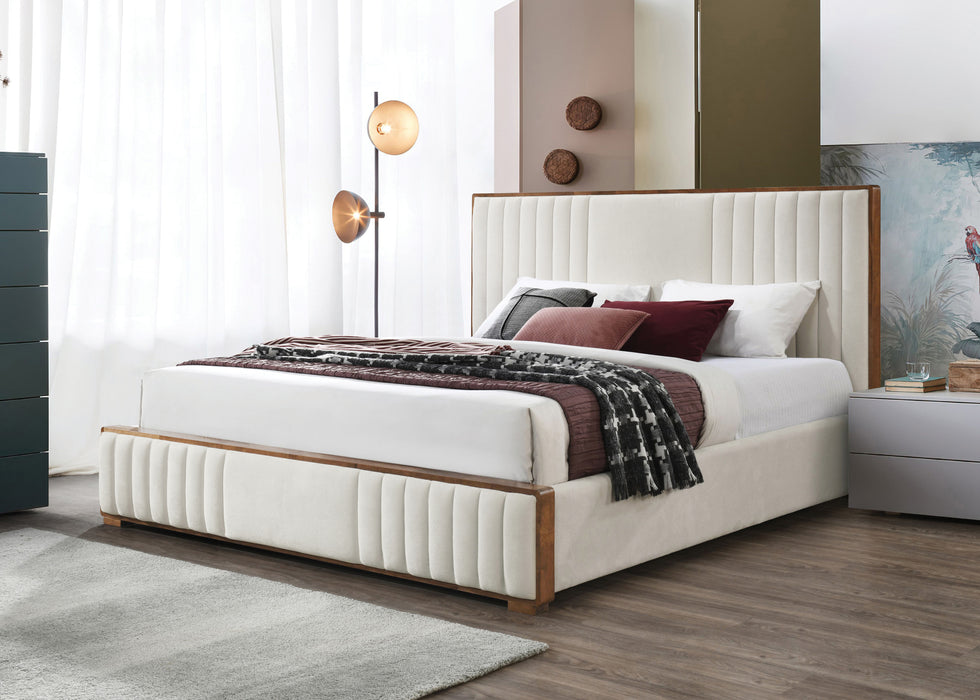 Kaleea Beige Chenille & Walnut Finish EK Bed - DTYStore