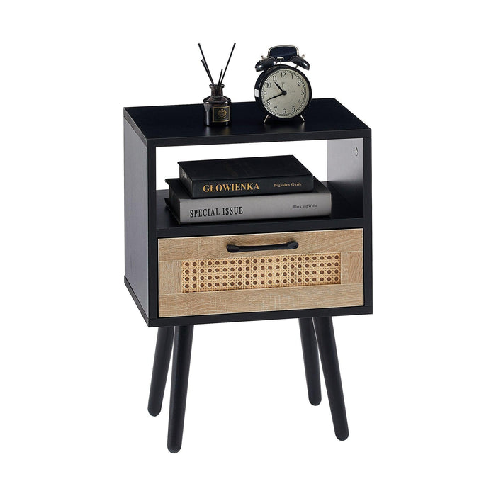 15.75" Rattan End table with drawer and solid wood legs, Modern nightstand, side table for living room, bedroom, black - DTYStore