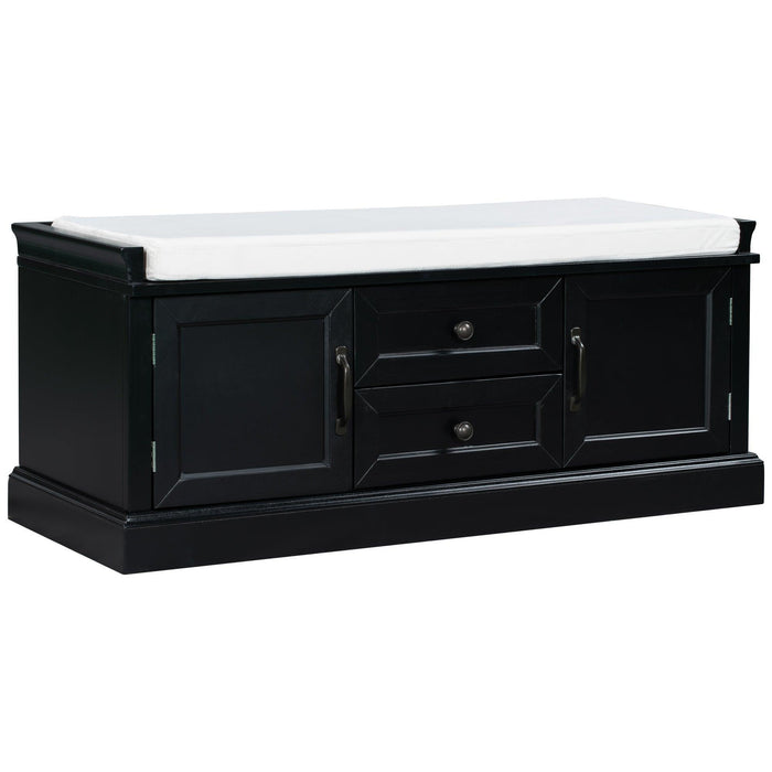 TREXM Storage Bench with 2 Drawers and 2 Cabinets, Shoe Bench with Removable Cushion for Living Room, Entryway (Black)