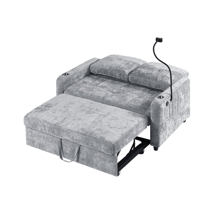 53.9" Modern Loveseat Pull-out Sofa Bed with Adjustable Backrest, Two Cup Holders , a Phone Holder, Three Charging Ports and Side Storage Pockets for Living Room, Grey