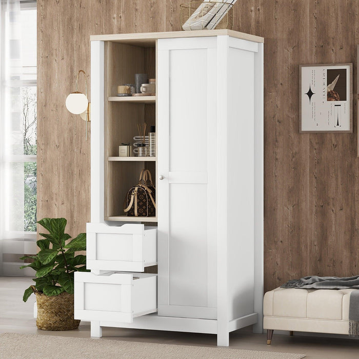 Bedroom Storage Wardrobe with Hanging Rods and 2 Drawers and Open Shelves,Sliding Door,White