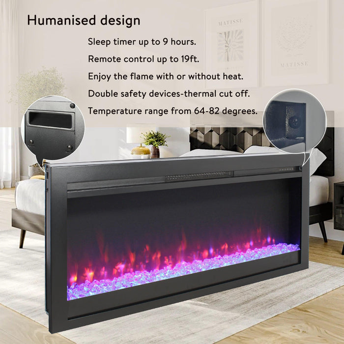44 inch in wall recessed electric fireplace with remote and multi color flame & emberbed, LED light heater - DTYStore