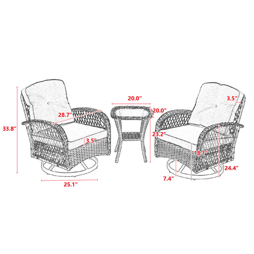 3 Pieces Outdoor Swivel Rocker Patio Chairs, 360 Degree Rocking Patio Conversation Set with Thickened Cushions and Glass Coffee Table for Backyard, Grey - DTYStore