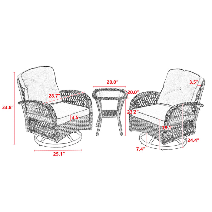 3 Pieces Outdoor Swivel Rocker Patio Chairs, 360 Degree Rocking Patio Conversation Set with Thickened Cushions and Glass Coffee Table for Backyard, Grey - DTYStore