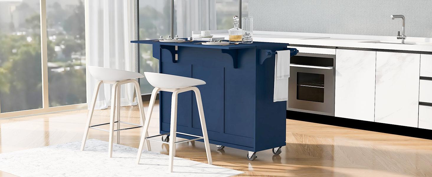 K&K 53.2'' Kitchen Island with Drop Leaf, Kitchen Storage Cart with Spice Rack, Towel Rack and 2 Drawers, Rolling Kitchen Island on Wheels with Adjustable Shelves for Kitchen, Dining Room, Navy Blue