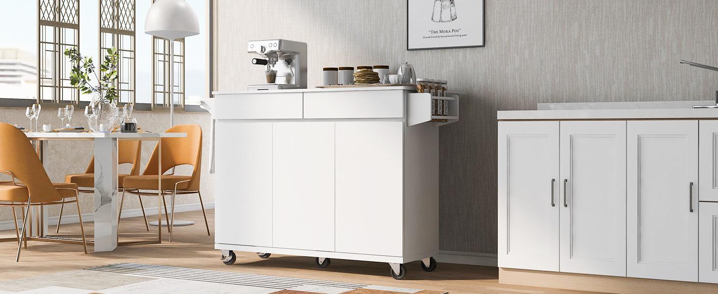 K&K 53.2'' Kitchen Island with Drop Leaf, Kitchen Storage Cart with Spice Rack, Towel Rack and 2 Drawers, Rolling Kitchen Island on Wheels with Adjustable Shelves for Kitchen, Dining Room, White