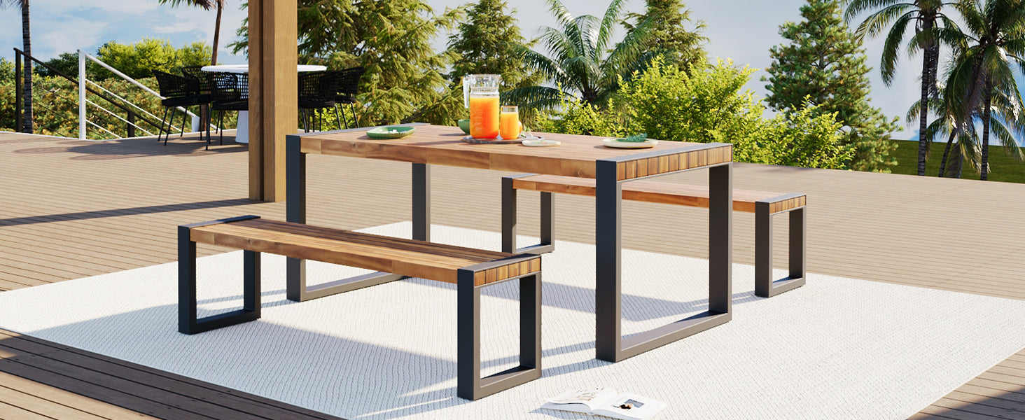 GO 3-pieces Outdoor Dining Table With 2 Benches, Patio Dining Set With Unique Top Texture, Acacia Wood Top & Steel Frame, All Weather Use, For Outdoor & Indoor, Natural - DTYStore