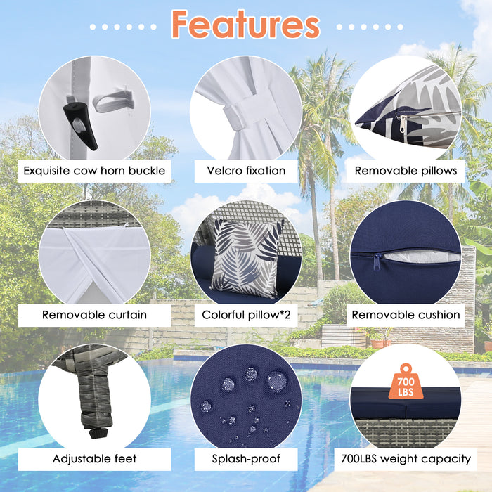 GO 90.5' Length Outdoor Sunbed With Colorful Pillows, Wicker Patio Daybed With Cushions, Tent Shape, Gray And Blue - DTYStore