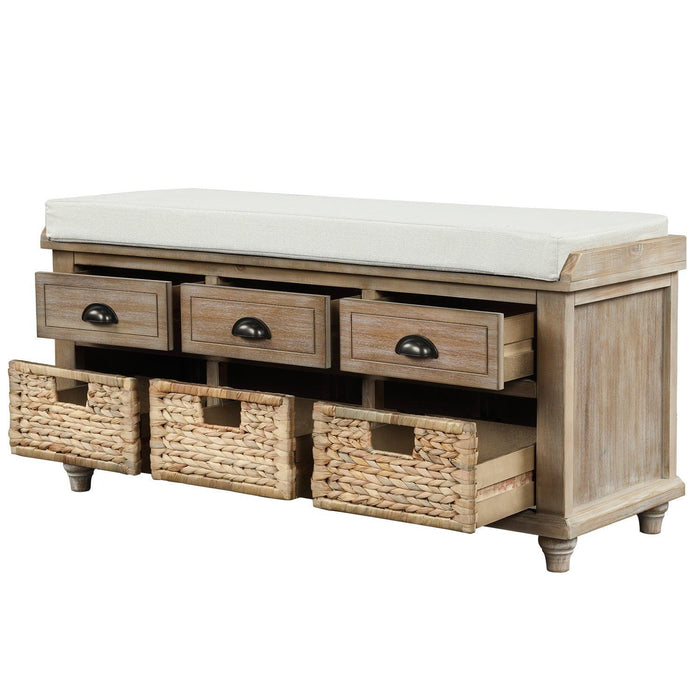 Rustic Storage Bench with 3 Drawers and 3 Rattan Baskets, Shoe Bench for Living Room, Entryway