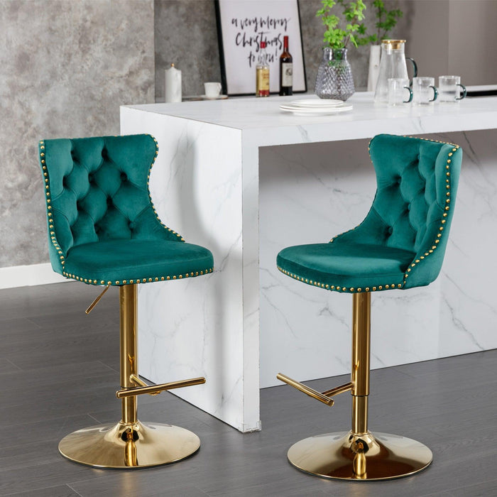 A&A Furniture,Golden Swivel Velvet Barstools Adjusatble Seat Height from 25-33 Inch, Modern Upholstered Bar Stools with Backs Comfortable Tufted for Home Pub and Kitchen Island（Green,Set of 2）