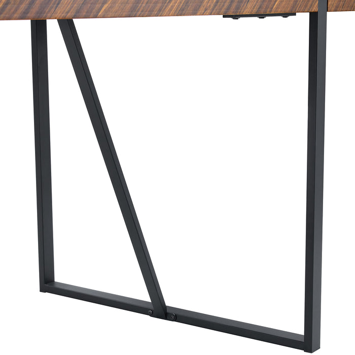 A minimalist retro rectangular dining table with a specially textured top and black metal legs.Contemporary Minimalist MDF Dark Wood Textured Tabletop.Able To Give People A Visual Beauty With Rules. - DTYStore