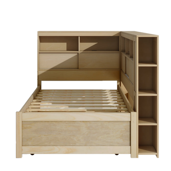 Twin Size Wood Daybed with Storage Shelves, USB and Trundle, Natural - DTYStore
