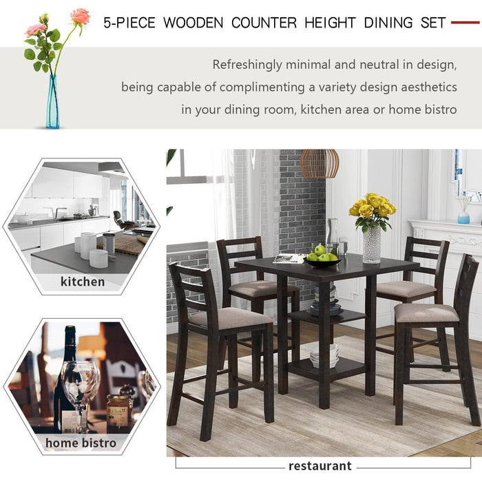 5-Piece Wooden Counter Height Dining Set with Padded Chairs and Storage Shelving