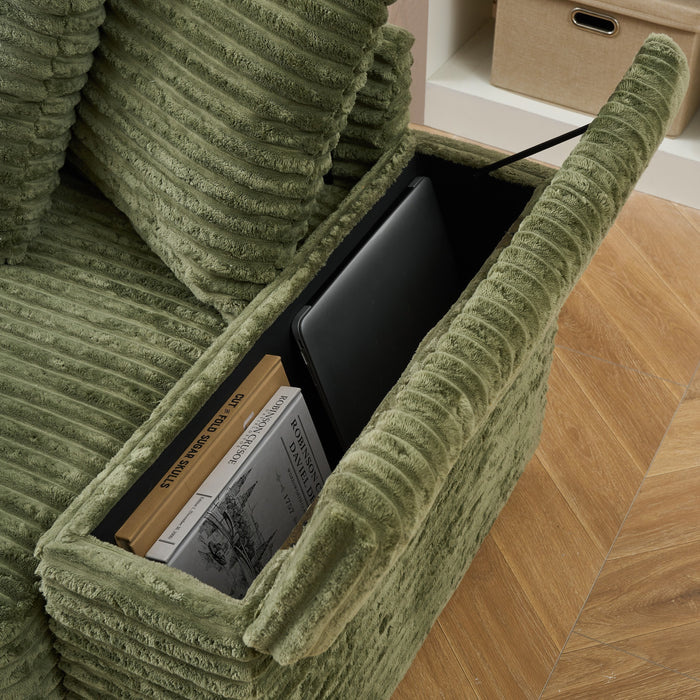 111.4-inch green corduroy sofa with cup holders and lockers on the armrests and a reversible chaise lounge (which can be swapped left and right) is suitable for living rooms and bedrooms. - DTYStore