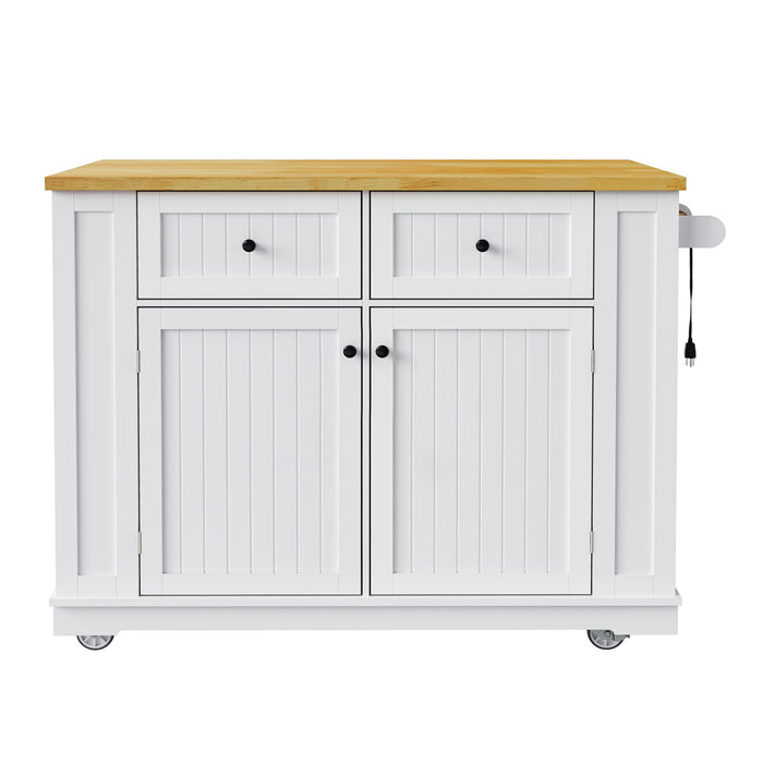 48inch Large Kitchen Island with 2 Bar Stools, Power Outlet, Door Internal Storage Rack, Kitchen Storage Cart on 5 Wheels with Drop Leaf, 5 Open Side Racks, 2 Drawers,for Kitchen,Dining Room,White - DTYStore