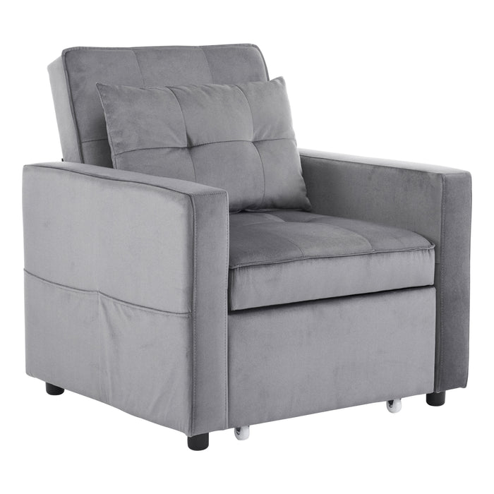 Convertible Sleeper Sofa Chair Bed with Pillow & Pocket, 3-in-1 Sofa Bed Sleeper Chair in Modern Velvet Fabric for Living Room, Bedroom, Study, Apartment, Gray - DTYStore