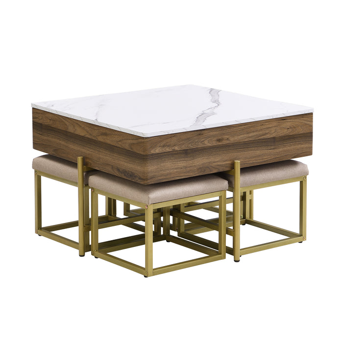 Modern Square Lift-Top Coffee Table Set with Storage & 4 Ottomans White & Walnut - DTYStore