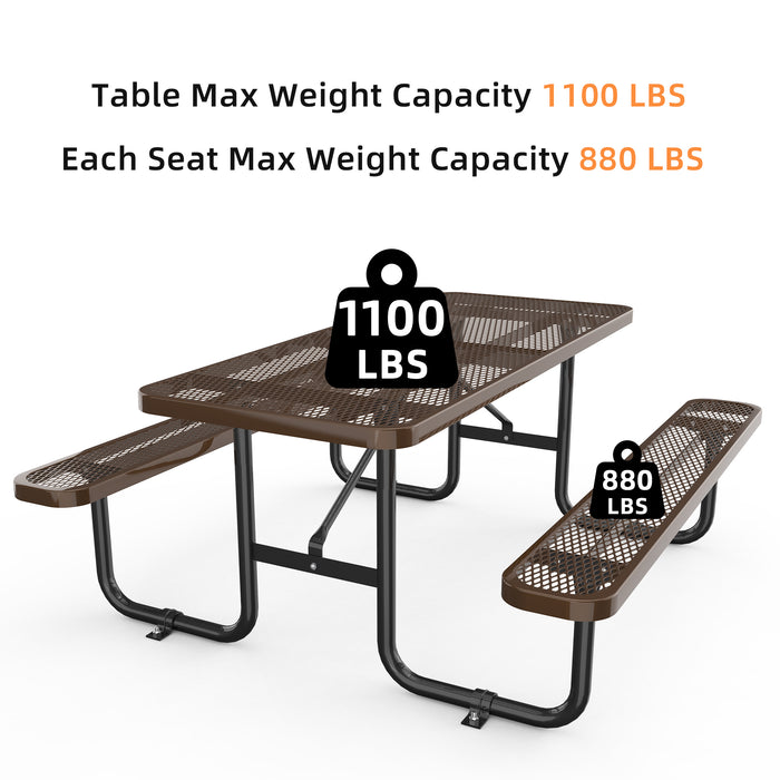 72' Expanded Metal Rectangular Picnic Table, Brown - DTYStore
