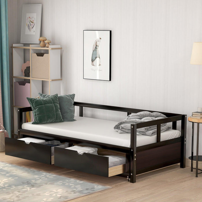 Wooden Daybed with Trundle Bed and Two Storage Drawers , Extendable Bed Daybed,Sofa Bed for Bedroom Living Room,Espresso - DTYStore