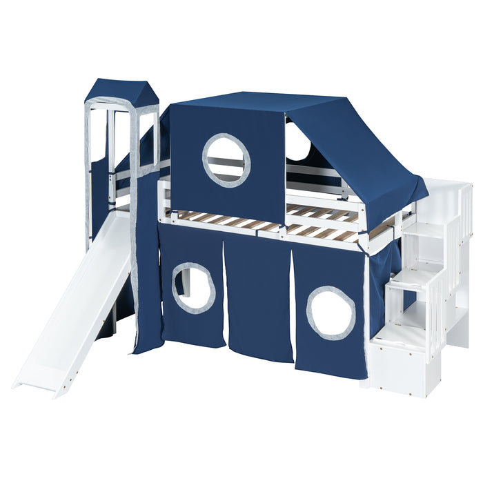 Twin Size Loft Bed with Tent and Tower - Blue - DTYStore
