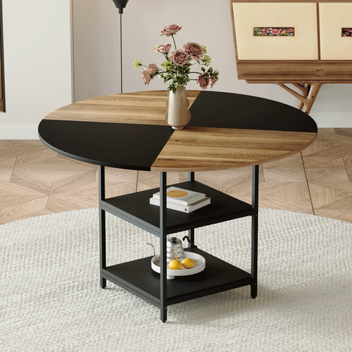 47.3-inch diameter modern splicing circular dining table - double-layer storage, wood and black fan-shaped diagonal color matching design, interpreting home aesthetics and practicality. - DTYStore