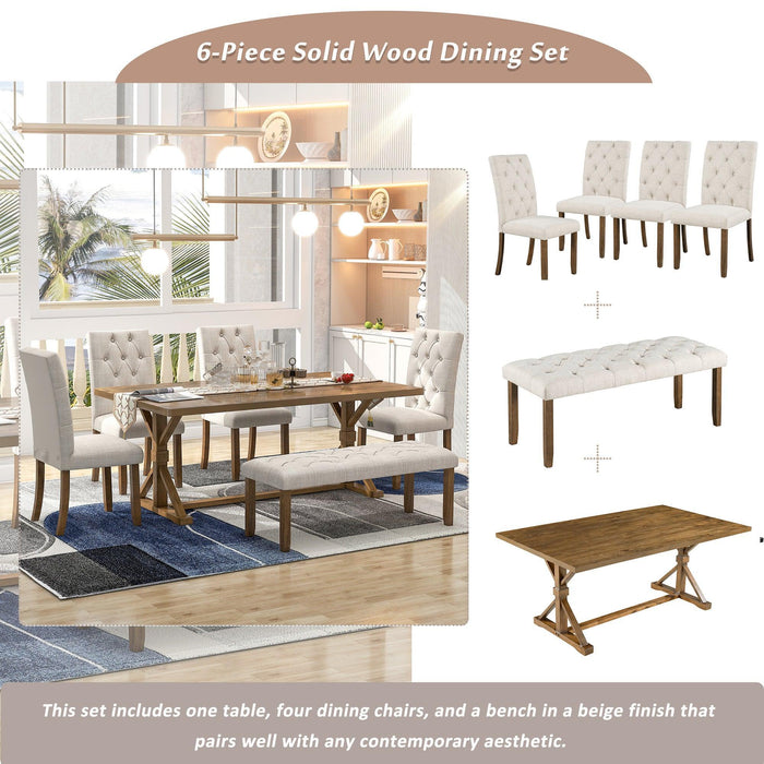 6-Piece Farmhouse Dining Table Set 72" Wood Rectangular Table with Upholstered Chairs and Bench