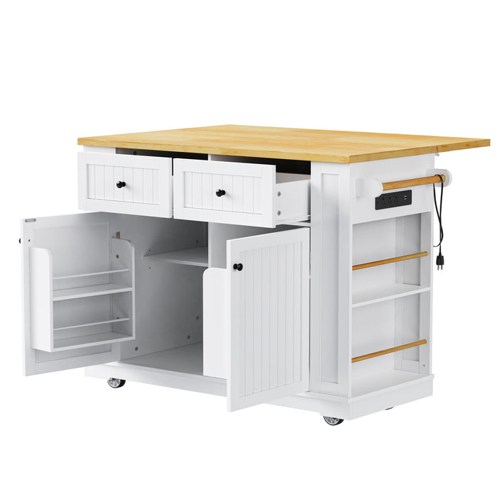 48inch Large Kitchen Island with 2 Bar Stools, Power Outlet, Door Internal Storage Rack, Kitchen Storage Cart on 5 Wheels with Drop Leaf, 5 Open Side Racks, 2 Drawers,for Kitchen,Dining Room,White - DTYStore