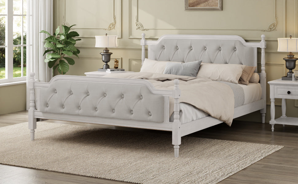 Traditional Style Solid Wood Bed Frame with Upholstered Tufted Headboard,No Box Spring Needed,Queen Size, Antique White - DTYStore