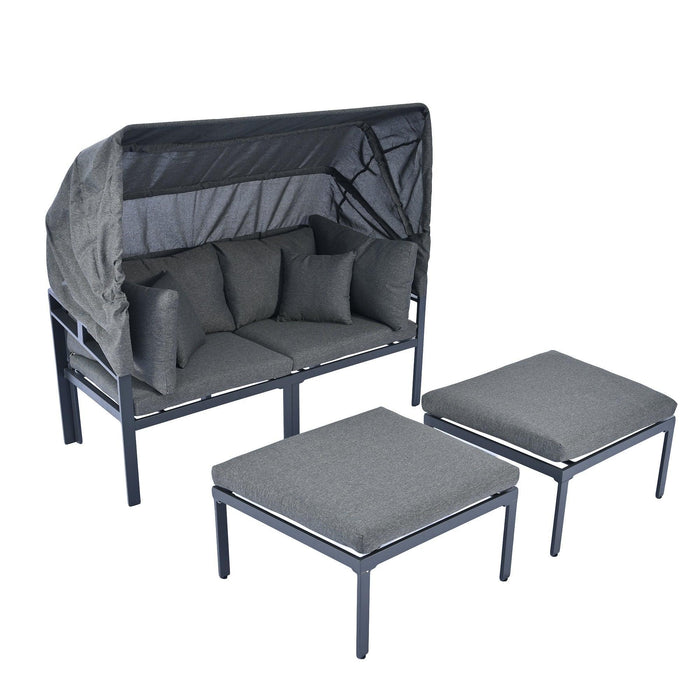 3-Piece Patio Daybed with Retractable Canopy Outdoor Metal Sectional Sofa Set Sun Lounger with Cushions for Backyard, Porch, Poolside