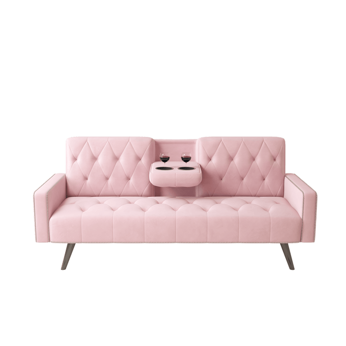 1730 Sofa Bed Armrest with Nail Head Trim with Two Cup Holders 72" Pink Velvet Sofa for Small Spaces