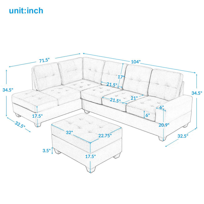 Orisfur. Sectional Sofa with Reversible Chaise Lounge, L-Shaped Couch with Storage Ottoman and Cup Holders