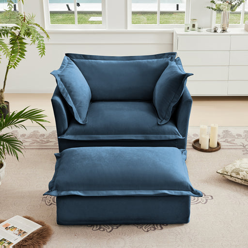 Upholstered Slipcovered Armchair with Ottoman, Deep Seat Armchair W/ Wide Ottoman for Living Room, Armchair Sets with Large Soft Pillows(Set of 2),Chenille Fabric,Blue - DTYStore