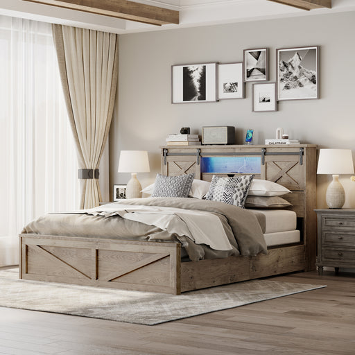 Farmhouse Bed Frame Queen Size with LED Lights and Charging Station, Wooden Queen Bed with 2 Storage Drawers, Rustic Headboard with Sliding Barn Door Storage Cabinets - DTYStore