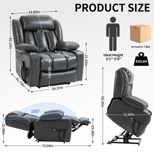 Dual Motor Infinite Position Up to 350 LBS Leatheraire Power Lift Recliner Chair, Heavy Duty Motion Mechanism with 8-Point Vibration Massage and Lumbar Heating, Stainless steel Cup Holders, Grey - DTYStore