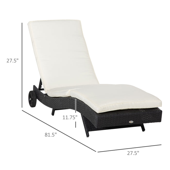 Outsunny Wicker Chaise Lounge Pool Chair, Outdoor PE Rattan Cushioned Patio Sun Lounger w/ 5-Level Adjustable Backrest & Wheels for Easy Movement, Cream White - DTYStore