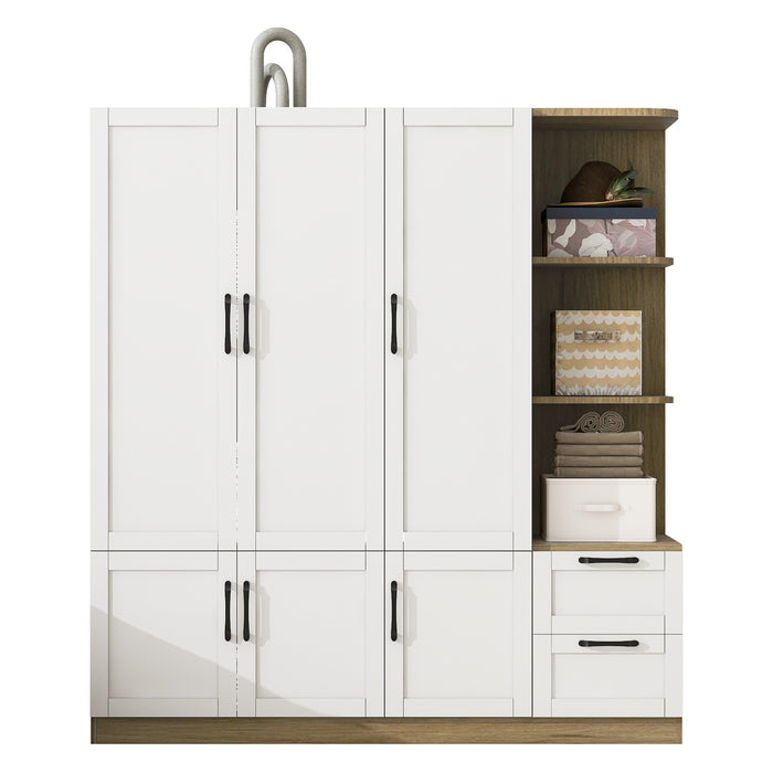 3 Door Wooden Storage Wardrobe for Dedroom with Shelves and 2 Drawers, Side Storage Shelves,White - DTYStore