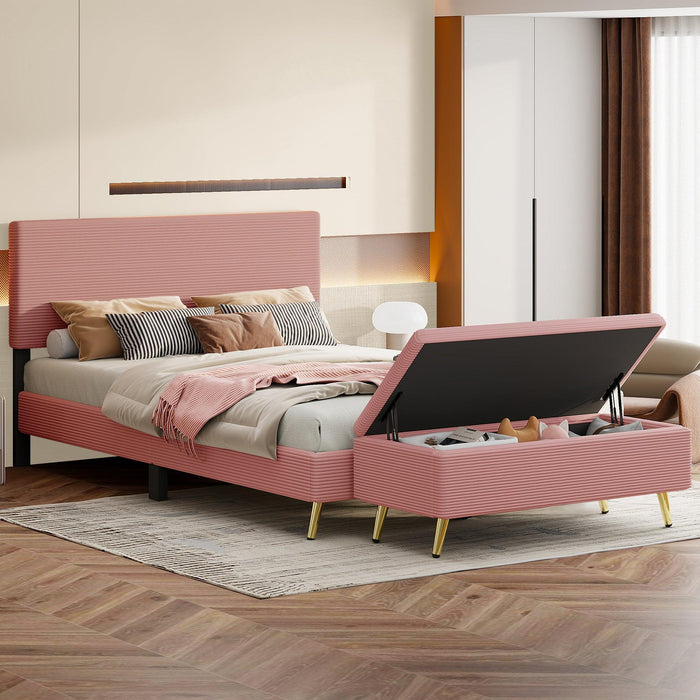 2 Pieces Bedroom Sets Queen Size Upholstered Bed Frame with Modern Corduroy Storage Ottoman Option 2 Pink