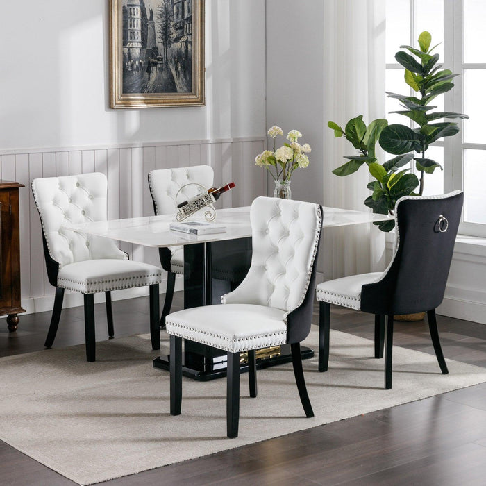 A&A Furniture,Nikki Collection Modern,High-end Tufted Solid Wood Contemporary PU and Velvet Upholstered Dining Chair with Wood Legs Nailhead Trim 2 Pcs Set,White+Black