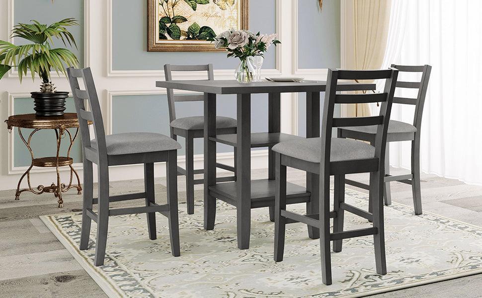 5-Piece Wooden Counter Height Dining Set with Padded Chairs and Storage Shelving