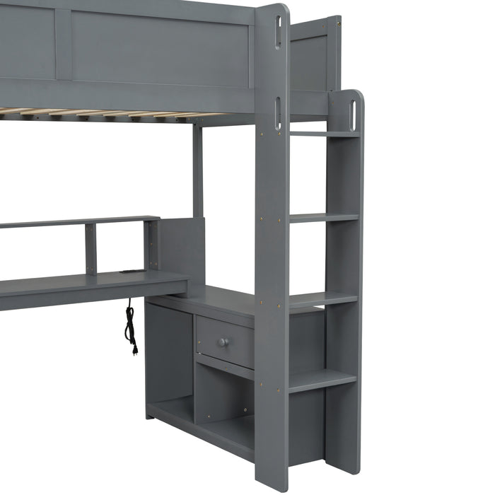 Wood Twin Size Gaming Loft Bed with Desk, Multi-storage Shelves, LED and Charging Station, Dark Gray - DTYStore
