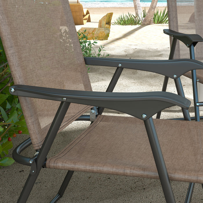 Outsunny Folding Patio Chairs, Set of 4 Sports Chairs for Adults, Camping Chairs with Armrests, Breathable Mesh Fabric Seat for Lawn, Brown - DTYStore