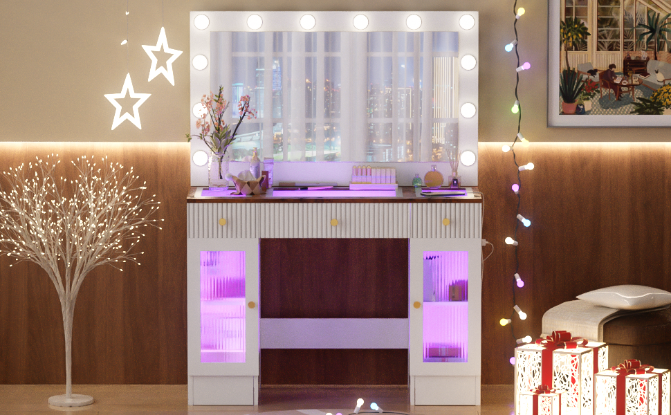 43.3' Vanity Desk with Large Mirror and Hollywood Bulbs, Modern Glass Top Makeup Vanity with Drawers and Power Outlet, Large Dressing Table with 3 Color Lighting Modes & RGB Cabinets for Bedroom - DTYStore